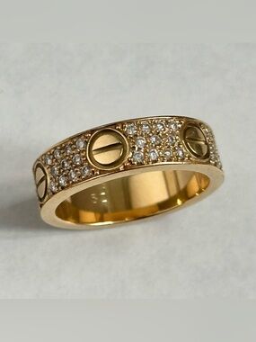 Cartier Love Ring Band Classic Model Pave Diamond 18K Yellow Gold Size 52 / US 6